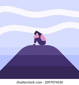 illustration of a woman sitting alone. feel lonely, have no friends, stress and depression. flat cartoon style. vector design. element