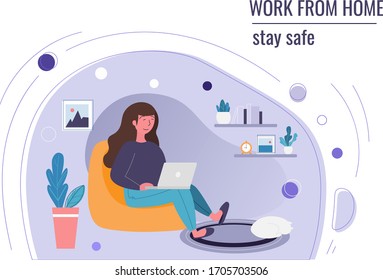 Illustration of a woman sitting in a chair with a cat, working safely from cozy home