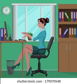 Illustration of a woman sitting at a computer desk in the office.