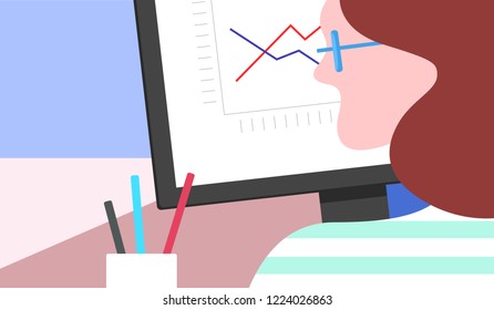 Illustration of a woman sitting at the computer with graphs on the monitor