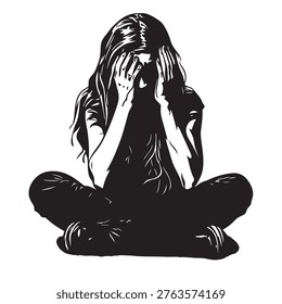 Illustration of a woman sitting crying, suitable for women, sitting, crying, hair, beautiful, hands, adult, black, body, emotions, attractive, background, and more.