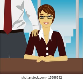 Illustration of a woman sitting and man putting hand on shoulders