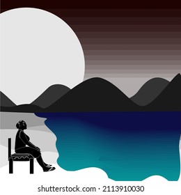 illustration of a woman sitting on the beach. there are mountains and the moon shines behind the mountains