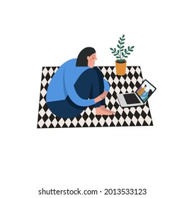 Illustration of a woman sitting on a carpet and watching a movie.