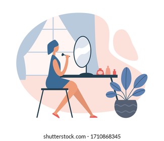 Illustration of woman sitting on chair in front mirror and doing makeup using brush while spending time at home. Everyday personal care, hygienic procedure. Flat cartoon vector illustration