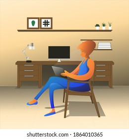 Illustration of a woman sitting on a chair looking at a tablet phone.