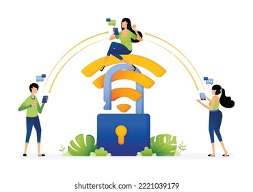 Illustration of woman sitting on padlock protected wifi. Security and safe for digital access network communication. Designed for website, landing page, flyer, banner, apps, brochure, startup company