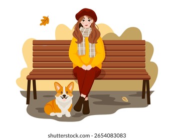 Illustration of a woman sitting on a park bench with her corgi dog in autumn. She wears a warm scarf and sweater. Cozy scene perfect for fall themes, companionship, relaxation, and outdoor moments.