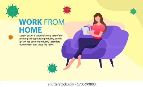 Illustration Of A Woman Sitting On A Sofa Staring At An IPAD Screen Doing Her Office Work From Home To Prevent The Spread Of The Covid-19 Virus