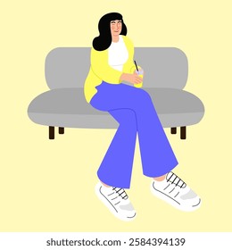 illustration of a woman sitting on sofa drinking lemonade, woman drinking beverage, drinking beverage in cafe, flat style illustration vector