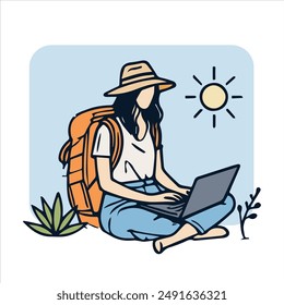 Eine Illustration einer Frau, die mit Rucksack und Laptop im Freien sitzt und aus der Ferne unter der Sonne arbeitet. Sie trägt einen Hut und Freizeitkleidung, was den digitalen Nomaden-Lebensstil symbolisiert. Ideal für Themen 