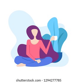 illustration of a woman sitting relaxed drinking a glass of coffee or tea in front of a tree. can for modern webpages and additional illustrations in other images. file size is 500kb
