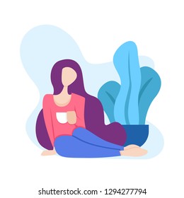 illustration of a woman sitting relaxed drinking a glass of coffee or tea in front of a tree. can for modern webpages and additional illustrations in other images. file size is 500kb