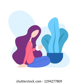 illustration of a woman sitting relaxed drinking a glass of coffee or tea in front of a tree. can for modern webpages and additional illustrations in other images. file size is 500kb