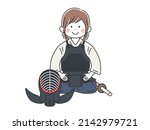 Illustration of a woman sitting upright wearing a kendo kimono.