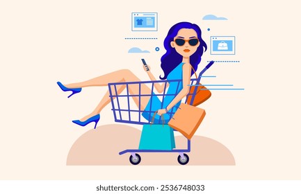 Illustration of a woman sitting in a wheelchair holding a shopping bag, using a smartphone to shop online on the internet and engage in e-commerce.