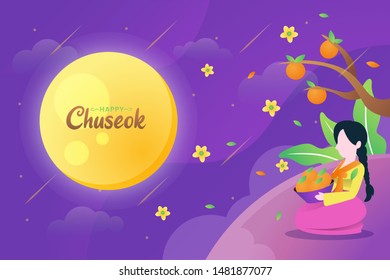 Illustration of woman sitting while staring to the moon under orange tree while celebrate Chuseok day