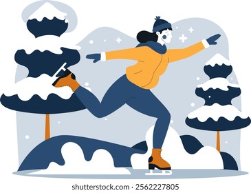 Illustration of a woman skiing in the cold snow during winter. Vector flat illustration design with winter theme