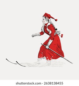 Illustration of a woman skiing in a red outfit. The skier is in motion, wearing a red hat and coat. The woman skier glides gracefully on the snow. Vintage character art illustration vector.