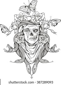 illustration with woman skull, snakes, butterflies and flowers