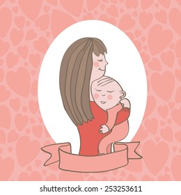  Illustration of a woman and a sleeping baby in her arms. Mother really loves her baby and she is so happy just to hold her. There are many pink hearts on the background which show all mother's love.