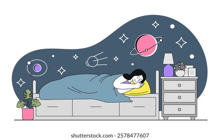 Illustration of a woman sleeping in a cozy bedroom with a nightstand, decor, and a dreamy space-themed background. Concept of relaxation and dreams. Vector illustration