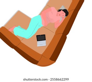 illustration of a woman sleeping on the sofa because she is too tired after work or school, isolated on white background