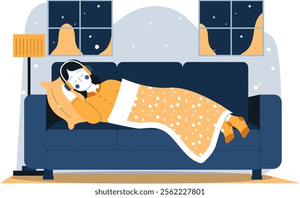 Illustration of a woman sleeping on a sofa with a thick blanket to keep out the cold during winter. Vector flat illustration design with winter theme