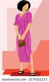 Illustration of a woman with slightly curly hair, flat art design style, abstract background, editable image, holding a brown bag, faceless