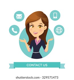 illustration of a woman with smart phone,email,website,call phone,contact us and customer support.