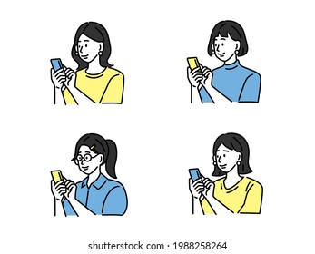 Illustration of a woman with a smartphone (smartphone, SNS, social, cashless, network, selfie, search, research)  Hand with phone. QR code