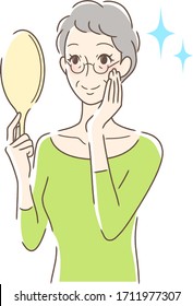 Illustration of a woman smiling and looking into a hand mirror