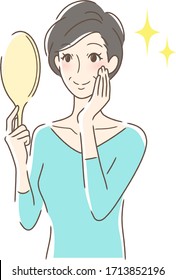 Illustration of a woman smiling and looking into a hand mirror