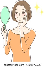 Illustration of a woman smiling and looking into a hand mirror