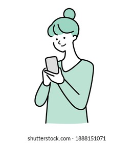 Illustration of a woman smiling looking at a smartphone
