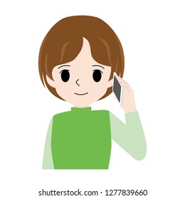 Illustration of a woman smiling while speaking on a smartphone.