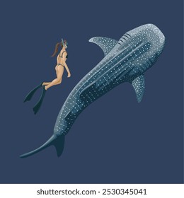 Ilustração de uma mulher mergulhando de snorkel com um tubarão baleia, em um fundo azul escuro.