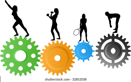 Illustration of woman sports silhouettes on colourful gear wheels