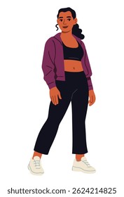 Illustration of a woman in sportswear standing confidently with a relaxed pose. Ideal for themes related to fitness, body positivity, wellness, lifestyle branding, or activewear promotions.
