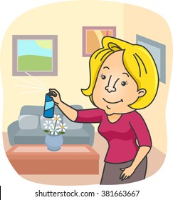 Illustration of a Woman Spraying Air Freshener All Over Her Home