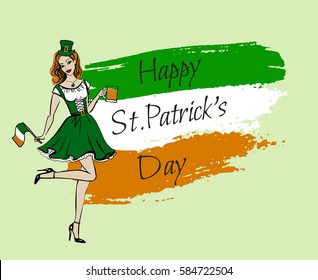 Illustration of woman in St Patricks day costume with flag and beer