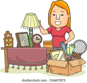 Illustration of a Woman Standing Beside a Box Full of Assorted Items