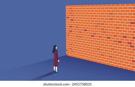 Illustration of a woman standing in front of a large wall, concept illustration of difficulties, vector