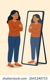 Illustration of a woman standing in front of a mirror with arms crossed and a peaceful expression, symbolizing self love, confidence, and positive self image.