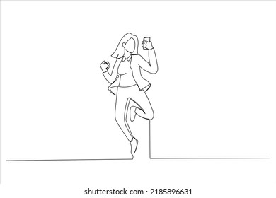 Ilustración de una mujer de pie aislada sobre fondo blanco, usando teléfono móvil, celebrando, saltando. Un estilo de arte de línea continua
