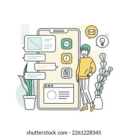 Illustration of a woman standing next to a smartphone