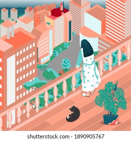 Illustration With  Woman Standing On A Terrace Looking Down At  Buildings. A Brunette Girl In A Dressing Gown And Slippers, A Black Cat Sleeping Near A Monstera.Isometric City Bilding Vector.