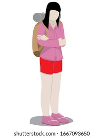 illustration of woman standing tall, wearing a large bag.