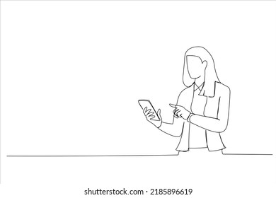 Illustration of woman standing using a mobile phone. One line art style