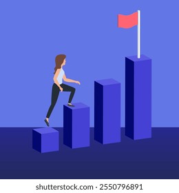 Illustration of a woman stepping up bar charts towards a red flag symbolizing goal achievement, success, and personal growth.